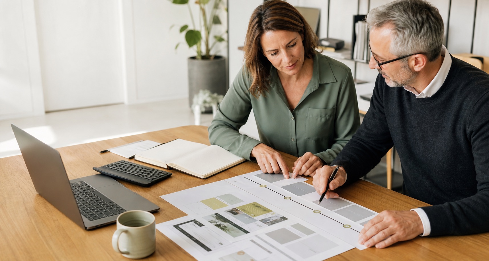 Unternehmerin und Berater planen transparent die Kosten einer Firmenwebsite