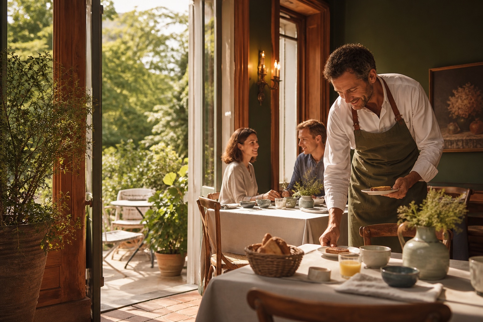 Gastgeberin empfängt Gäste in einem regionalen Restaurant